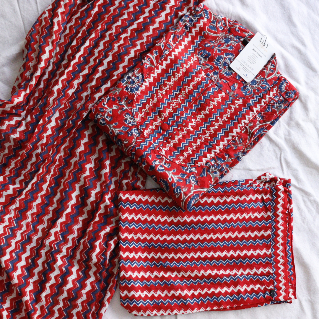 Red Front Slit Cotton Suit Set