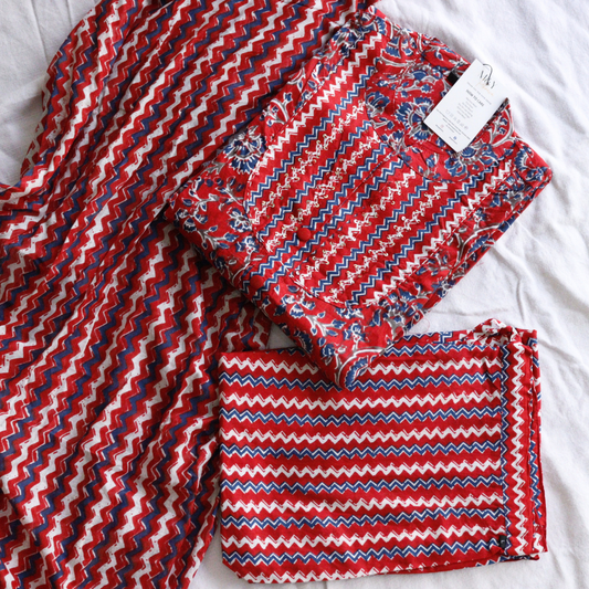 Red Front Slit Cotton Suit Set