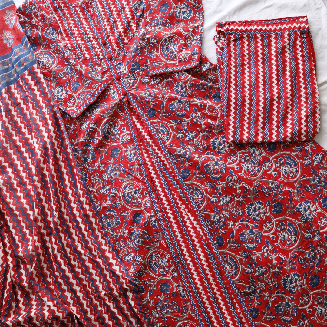 Red Front Slit Cotton Suit Set
