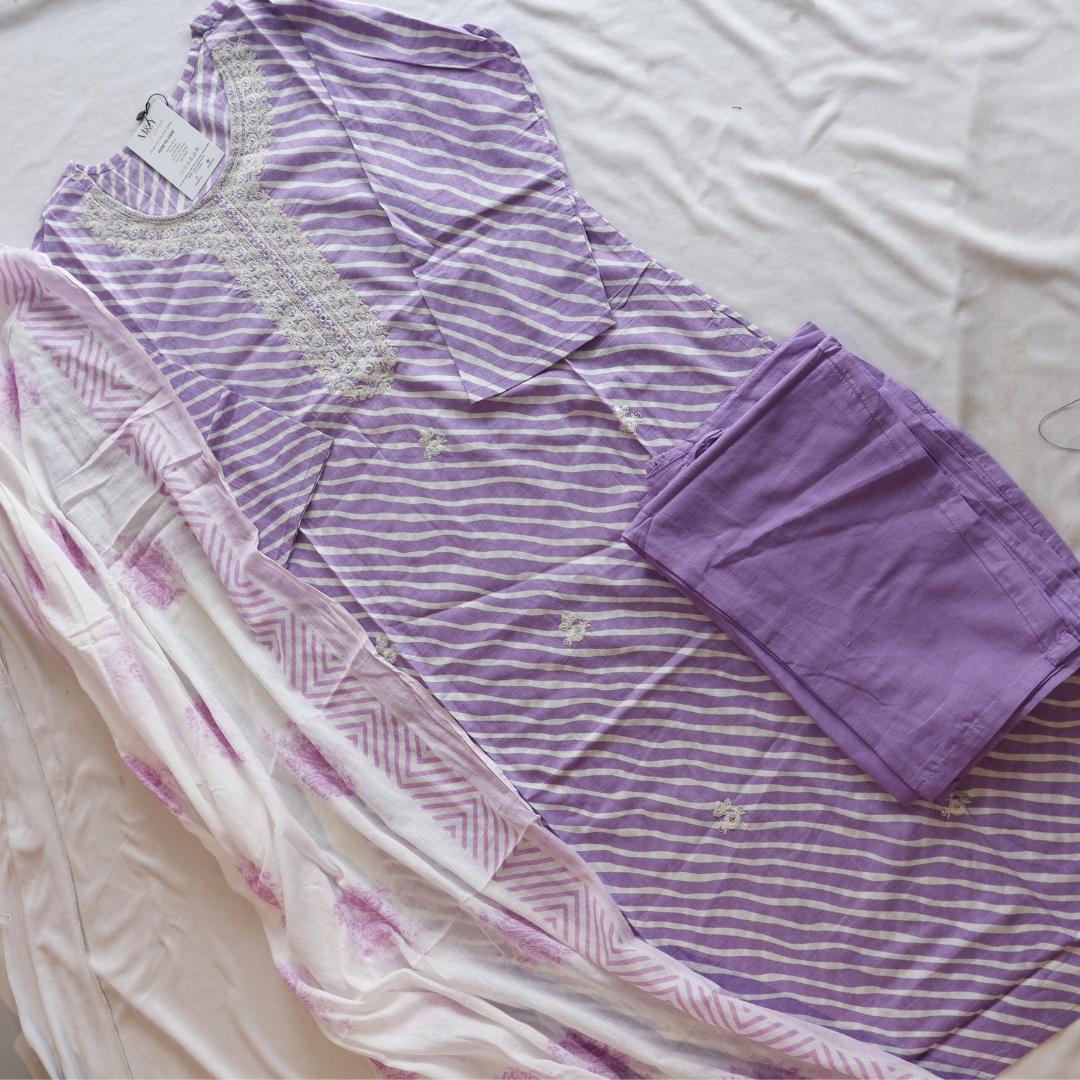 Lavender Leheriya Cotton Suit Set