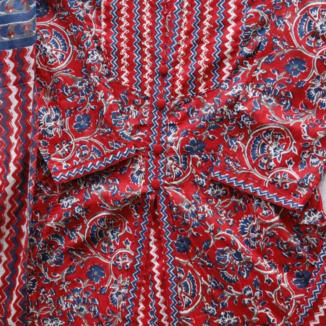Red Front Slit Cotton Suit Set