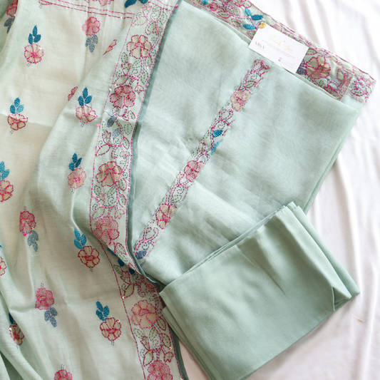 Pista Green Kantha Work Unstitched Hand Embroidered Suit Set