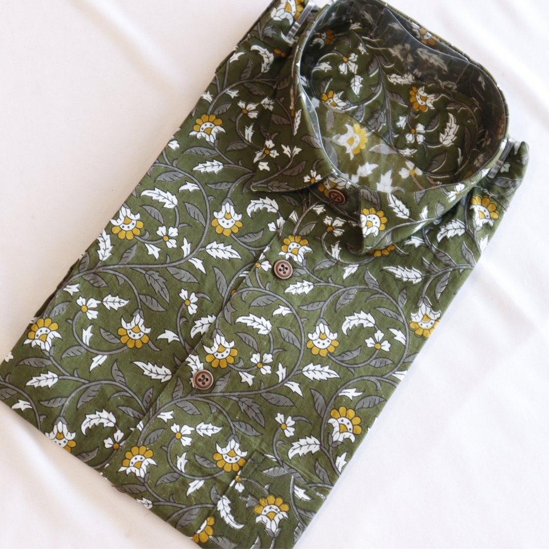 Olive Floral Printed Short Sleeve Cotton Shirt