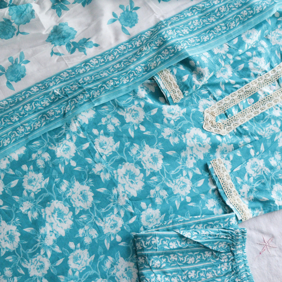 Sea Green Cotton Printed Suit Sets
