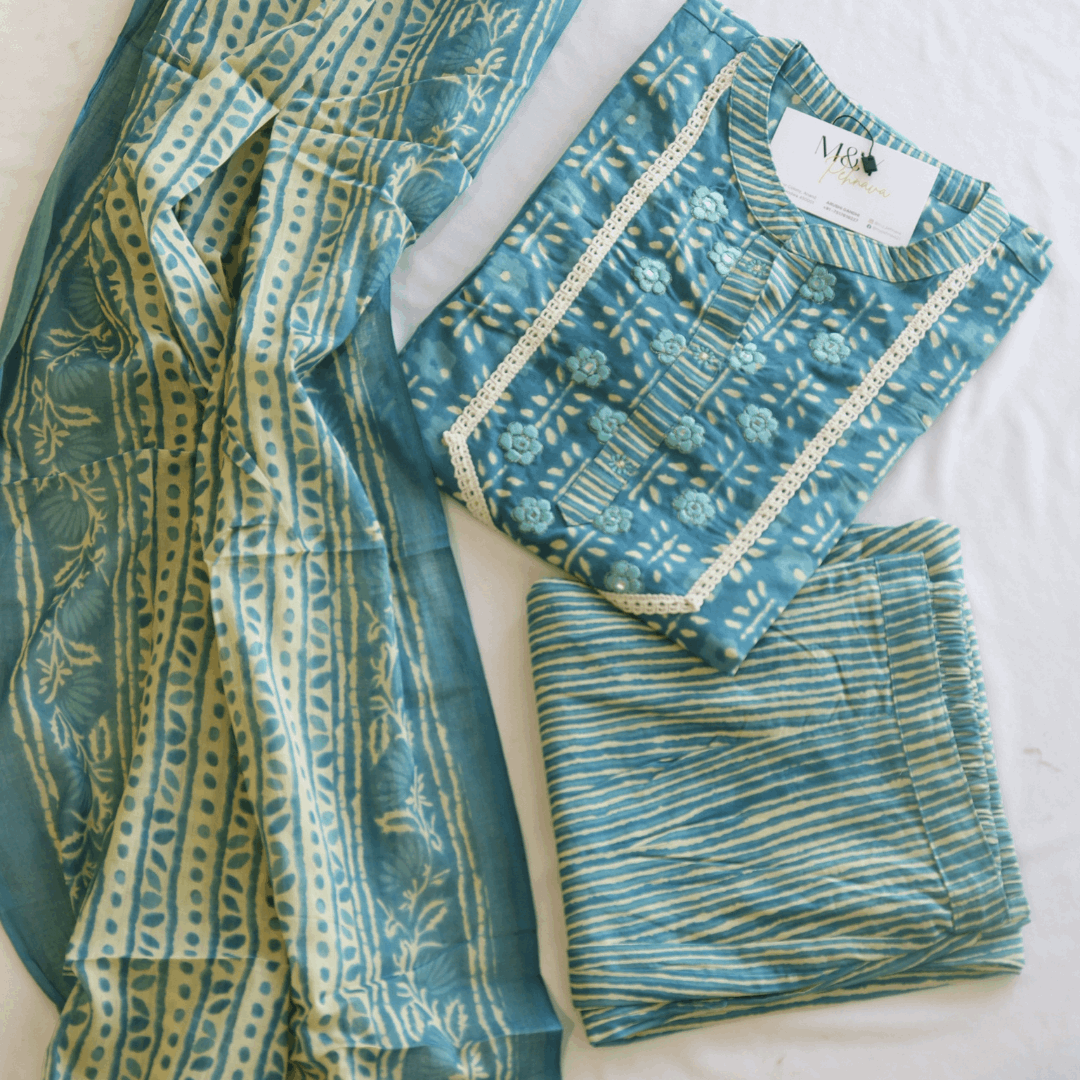 Tale Blue Block Printed Cotton Suit Set - M&Y Pehnava