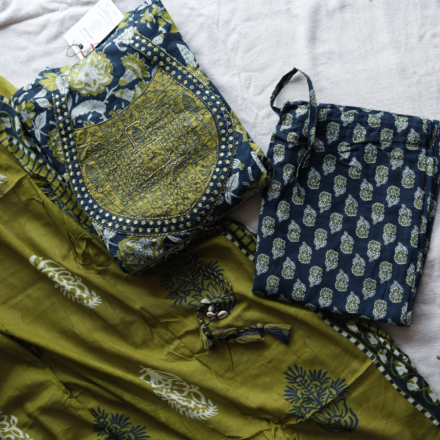 Green Pure Cotton Beads Work Frock Style Suit Set