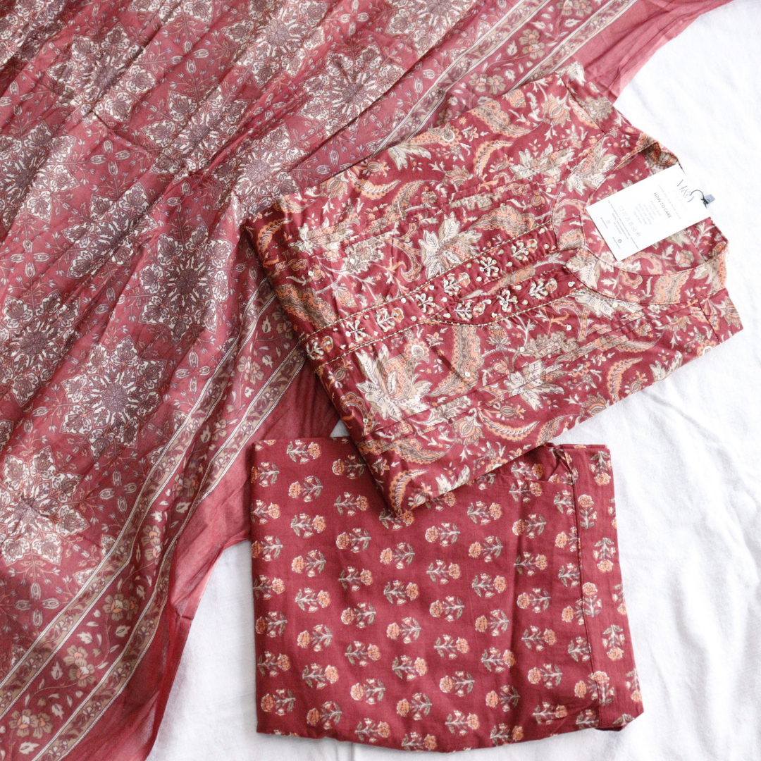 Brown Printed Cotton Suit Set
