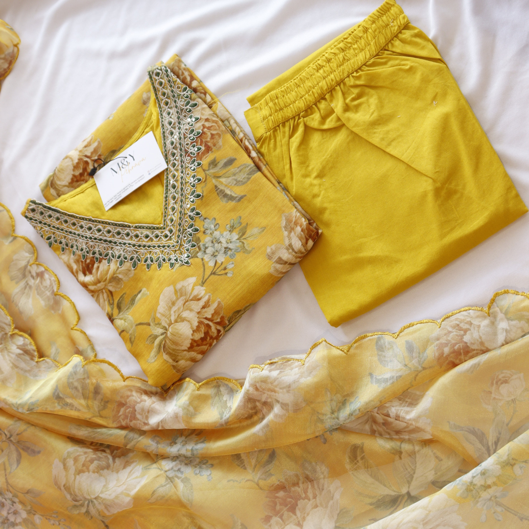 Mustard Organza Floral Printed Suit