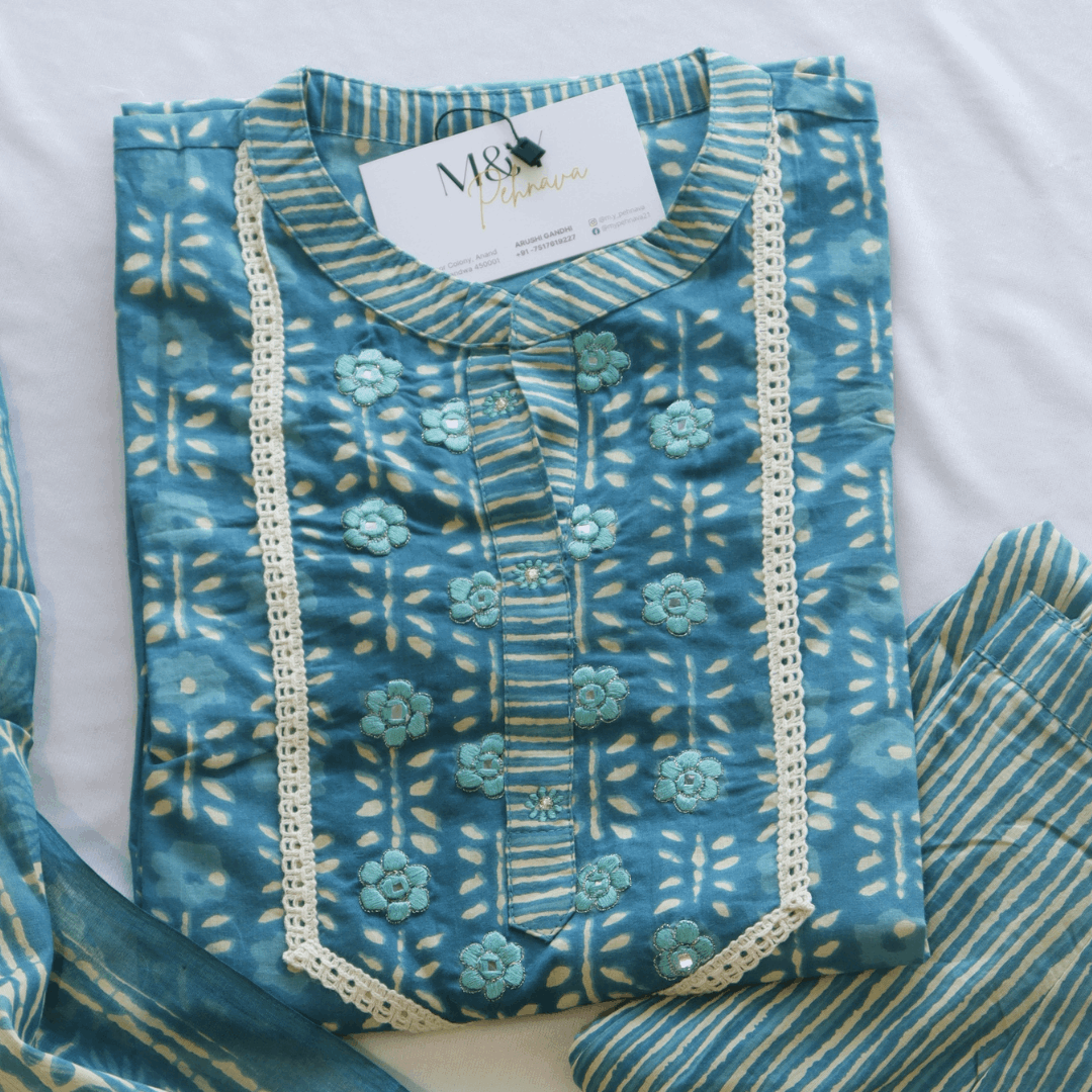 Tale Blue Block Printed Cotton Suit Set - M&Y Pehnava