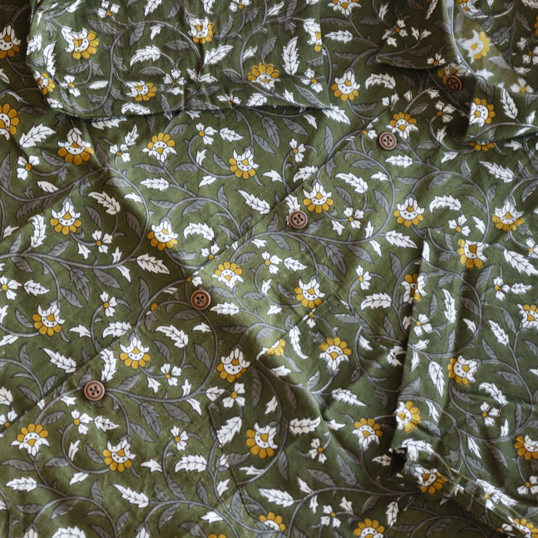 Olive Floral Printed Short Sleeve Cotton Shirt
