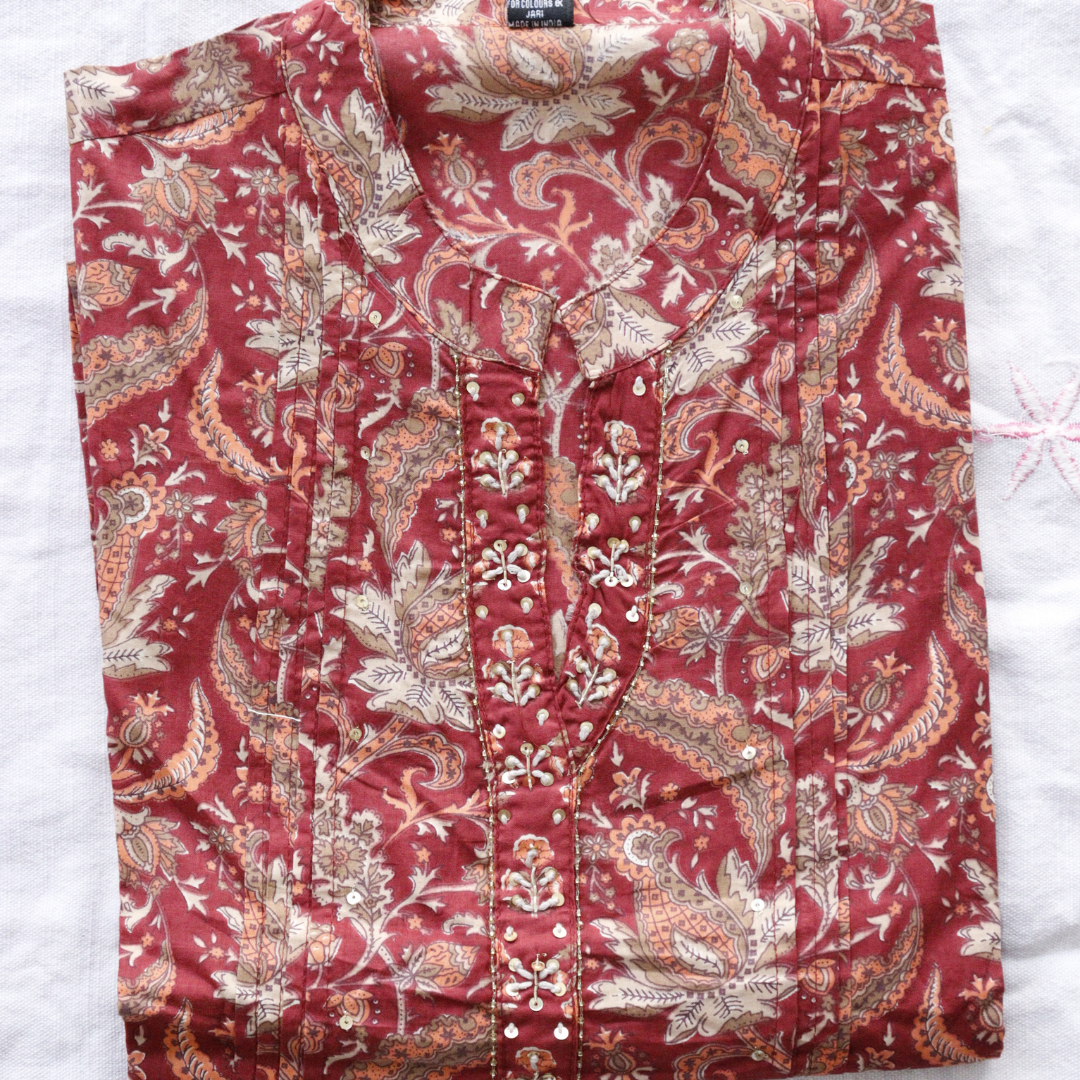 Brown Printed Cotton Suit Set