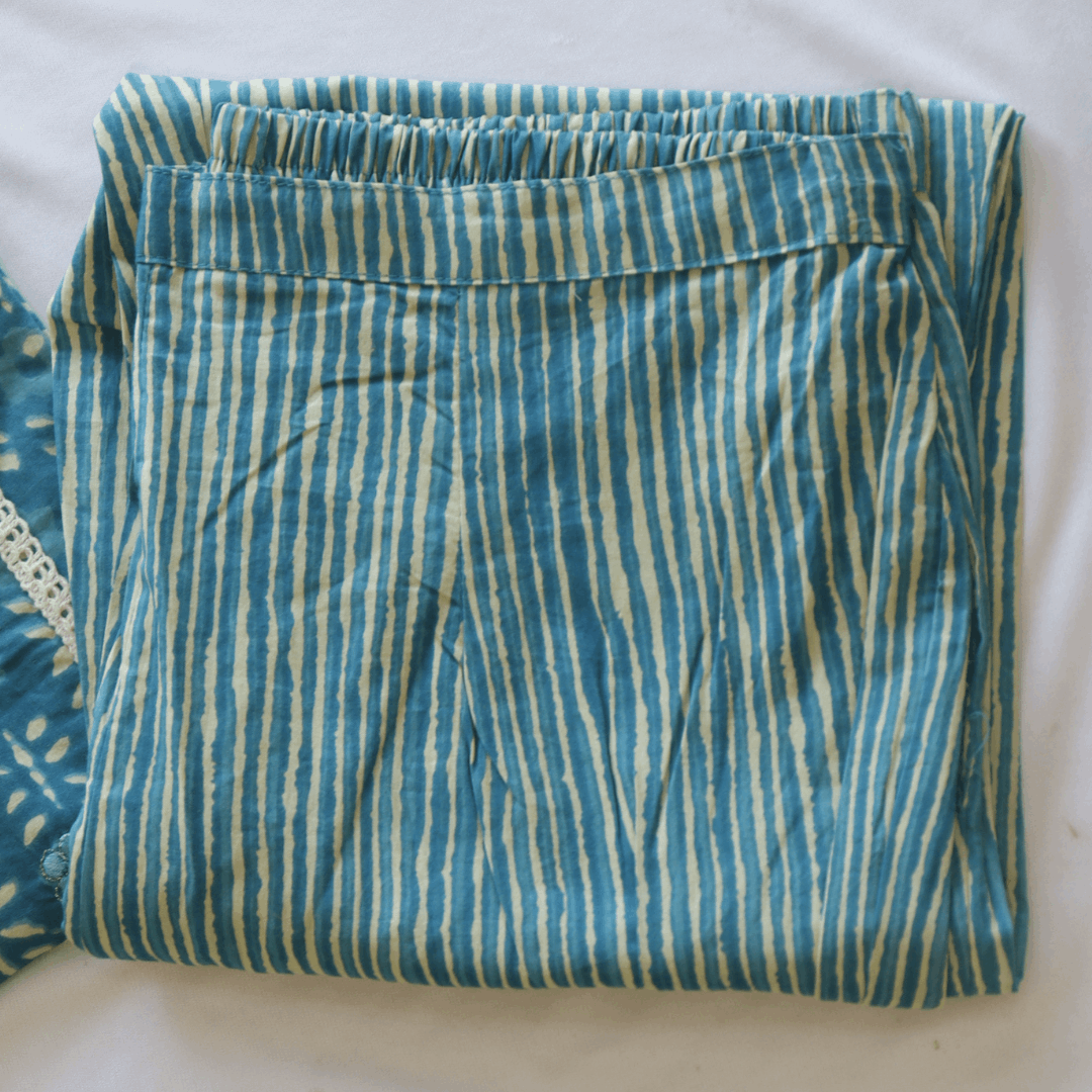 Tale Blue Block Printed Cotton Suit Set - M&Y Pehnava