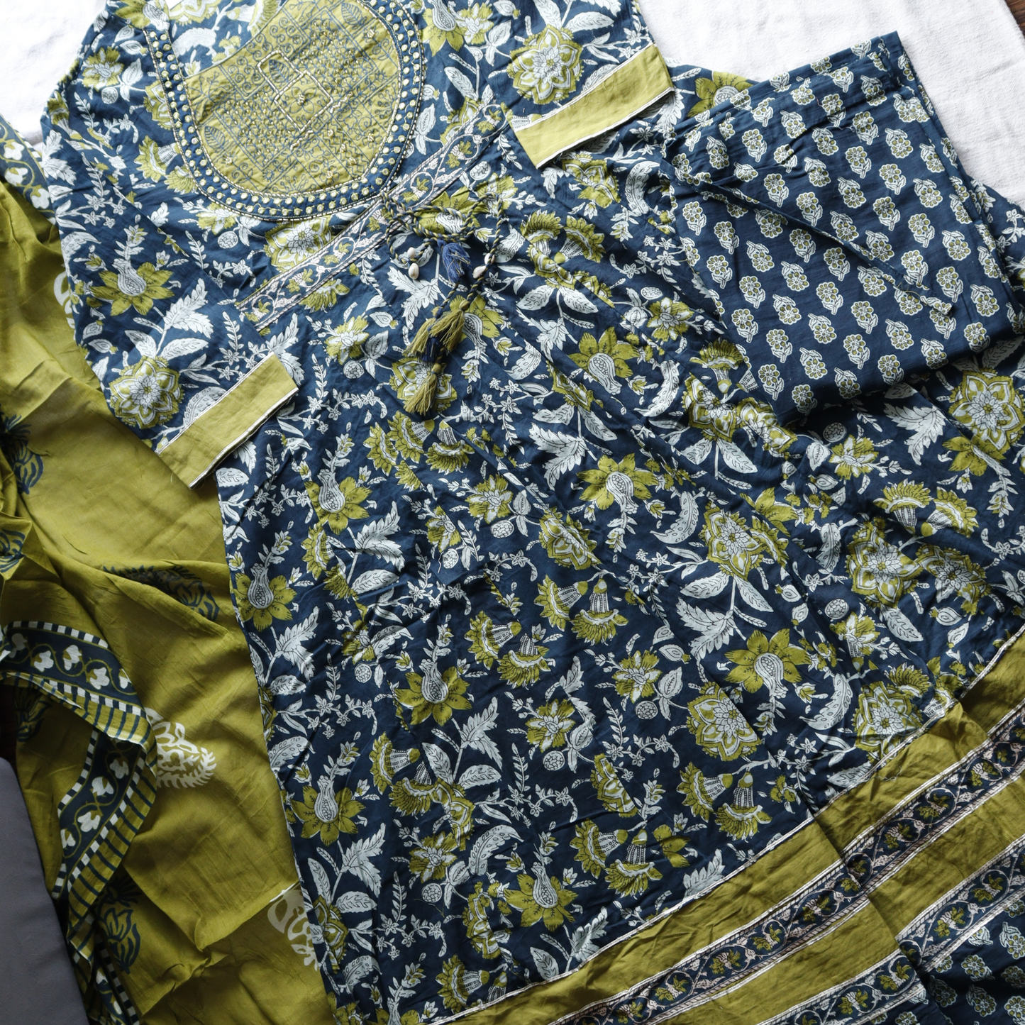 Green Pure Cotton Beads Work Frock Style Suit Set