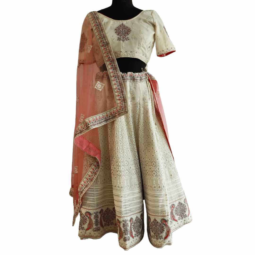 Off White and Peach Embroidered Lehenga Set - M&Y Pehnava