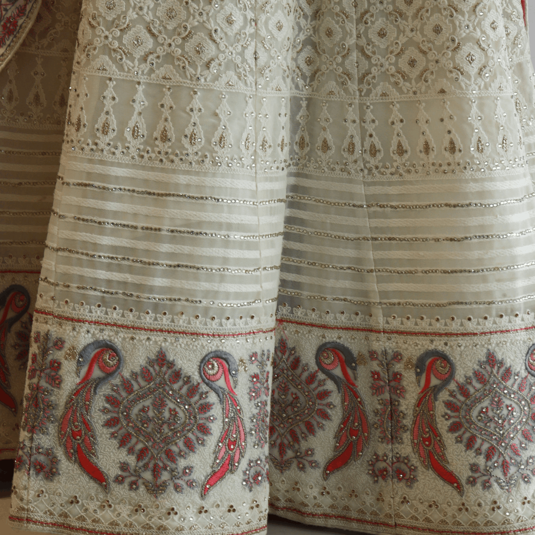 Off White and Peach Embroidered Lehenga Set - M&Y Pehnava