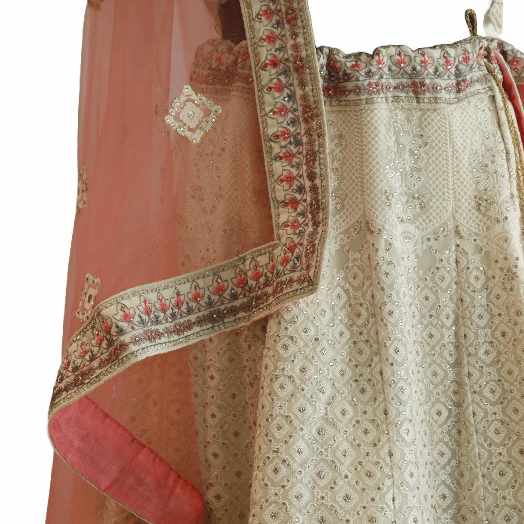 Off White and Peach Embroidered Lehenga Set - M&Y Pehnava