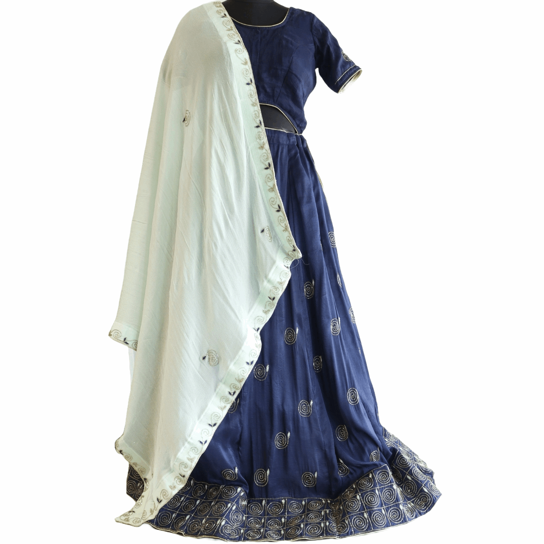 Navy Blue & Pista Green Aari & Hand Work Lehenga Set - M&Y Pehnava