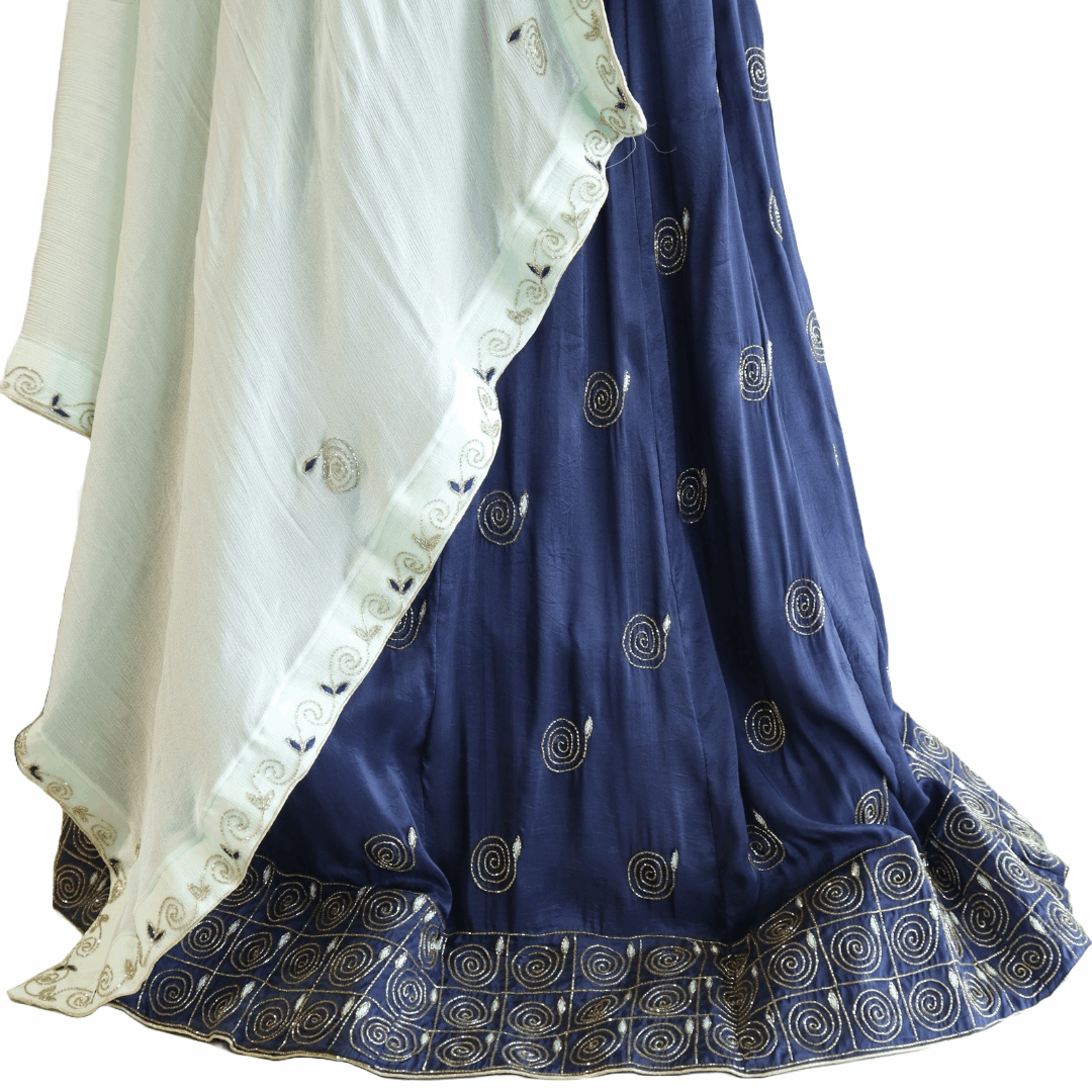 Navy Blue & Pista Green Aari & Hand Work Lehenga Set - M&Y Pehnava