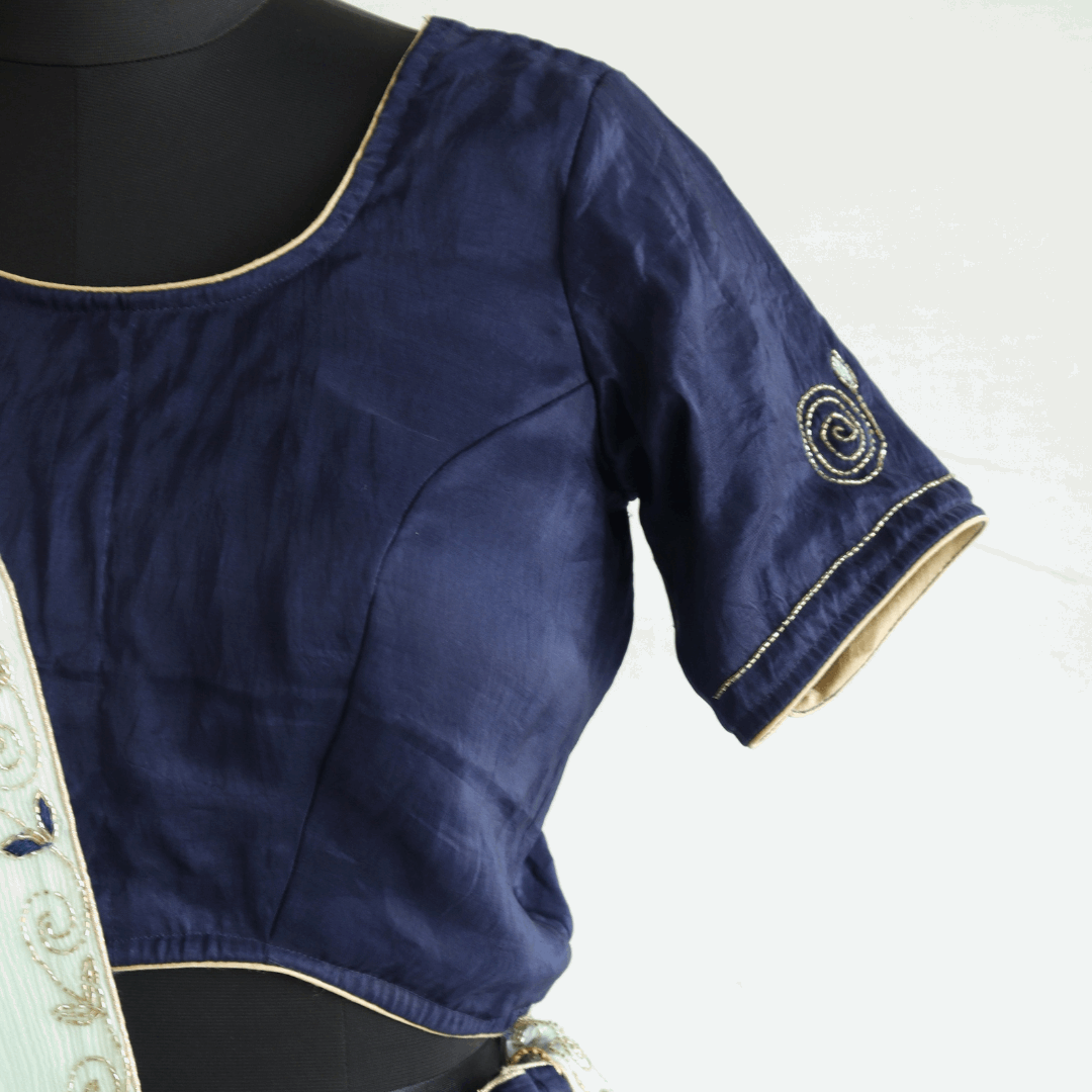 Navy Blue & Pista Green Aari & Hand Work Lehenga Set - M&Y Pehnava