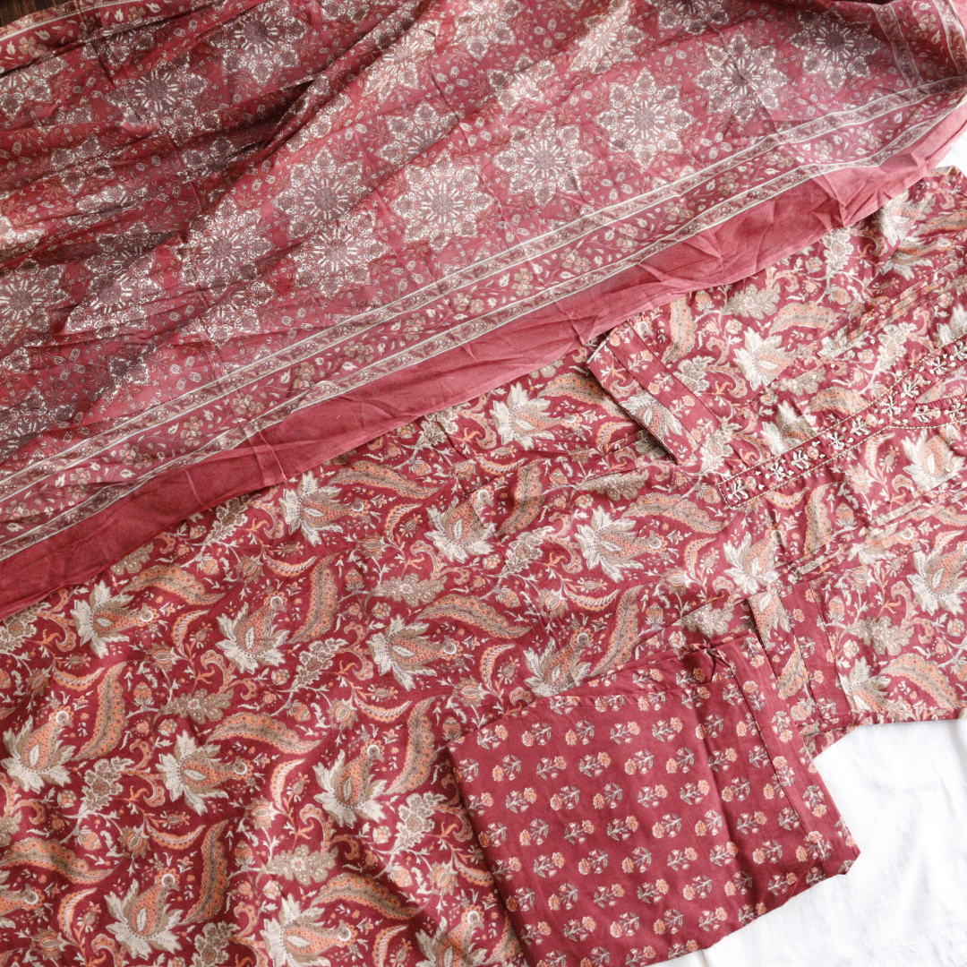 Brown Printed Cotton Suit Set
