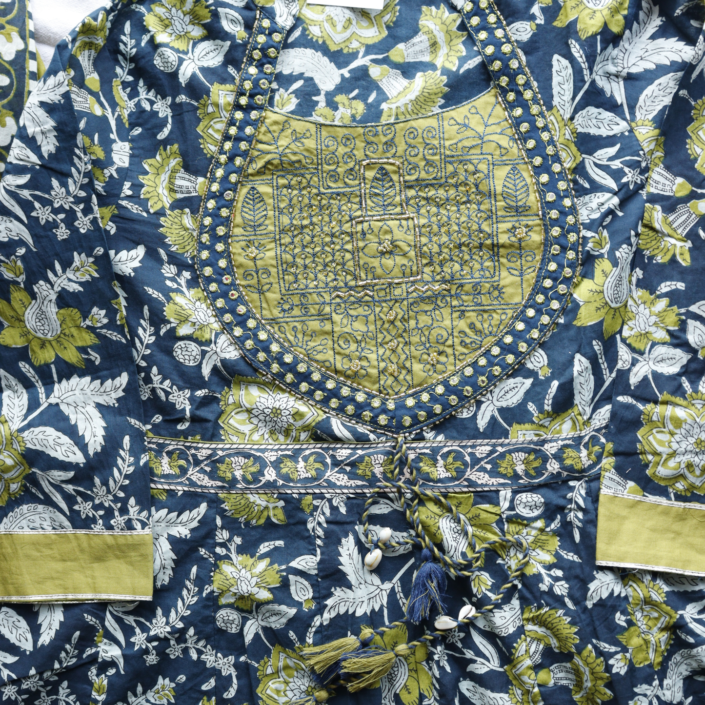 Green Pure Cotton Beads Work Frock Style Suit Set