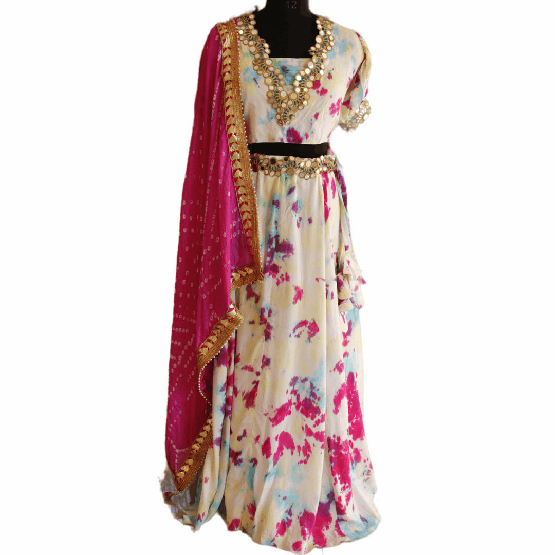 White Shibori Tie-Dye Mirror Work Lehenga Set - M&Y Pehnava