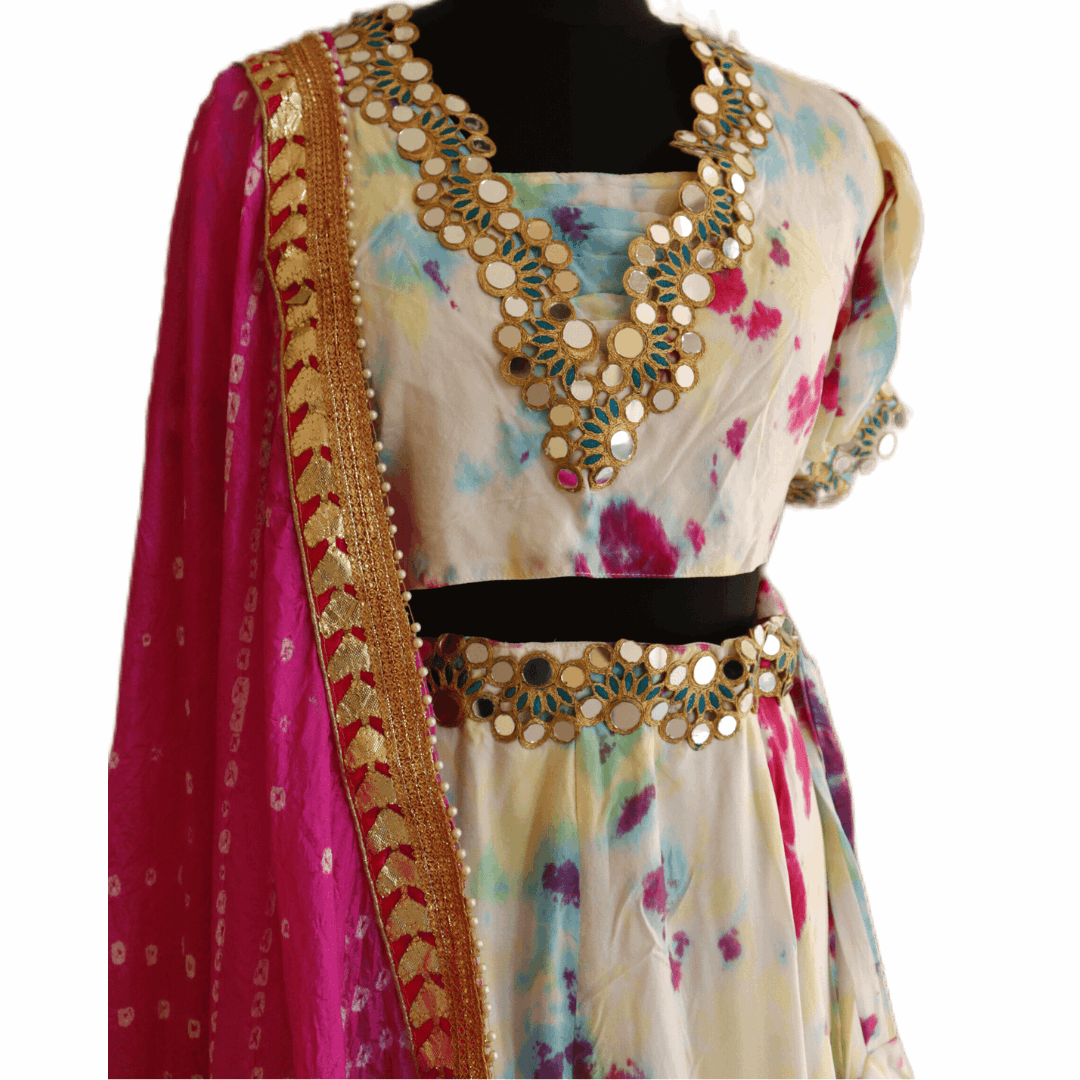 White Shibori Tie-Dye Mirror Work Lehenga Set - M&Y Pehnava