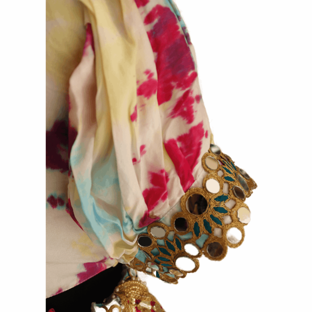 White Shibori Tie-Dye Mirror Work Lehenga Set - M&Y Pehnava