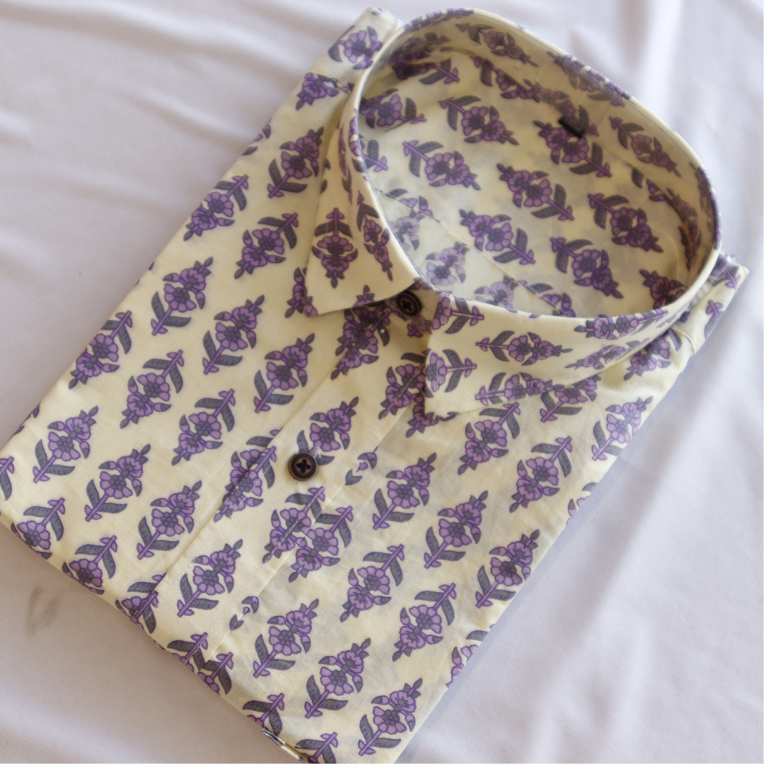 Purple Printed Short Sleeve Cotton Shirt