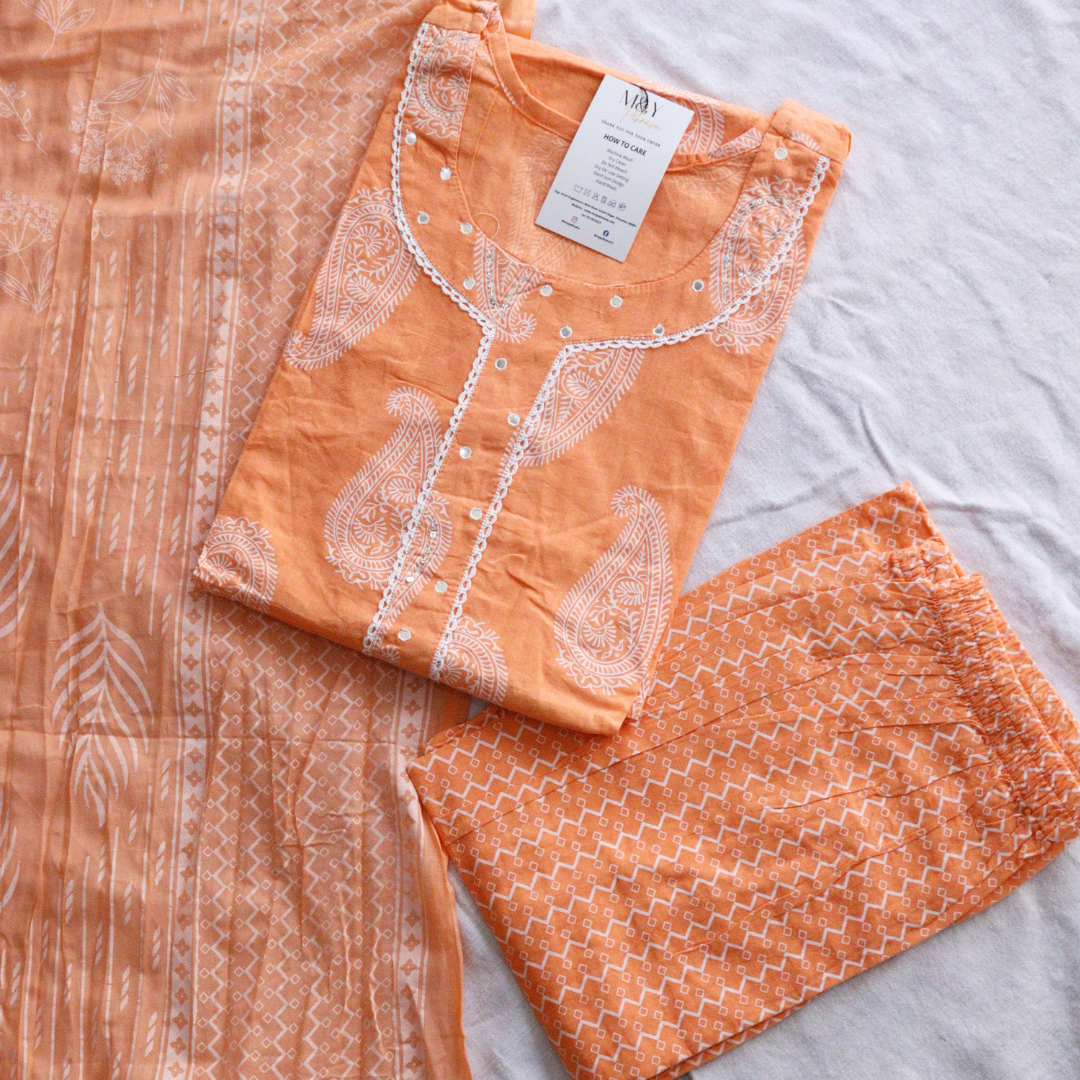 Orange Cotton Printed Suit Set