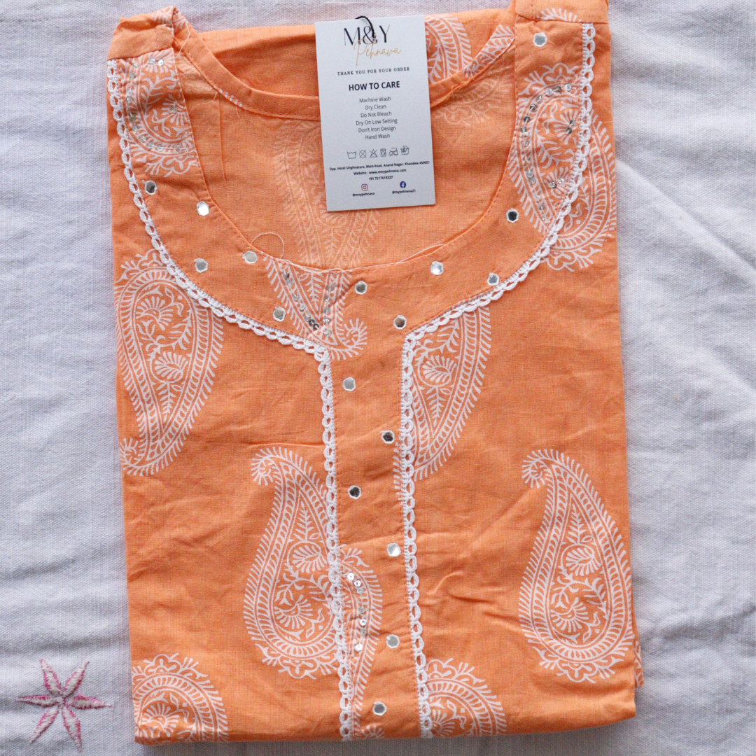 Orange Cotton Printed Suit Set