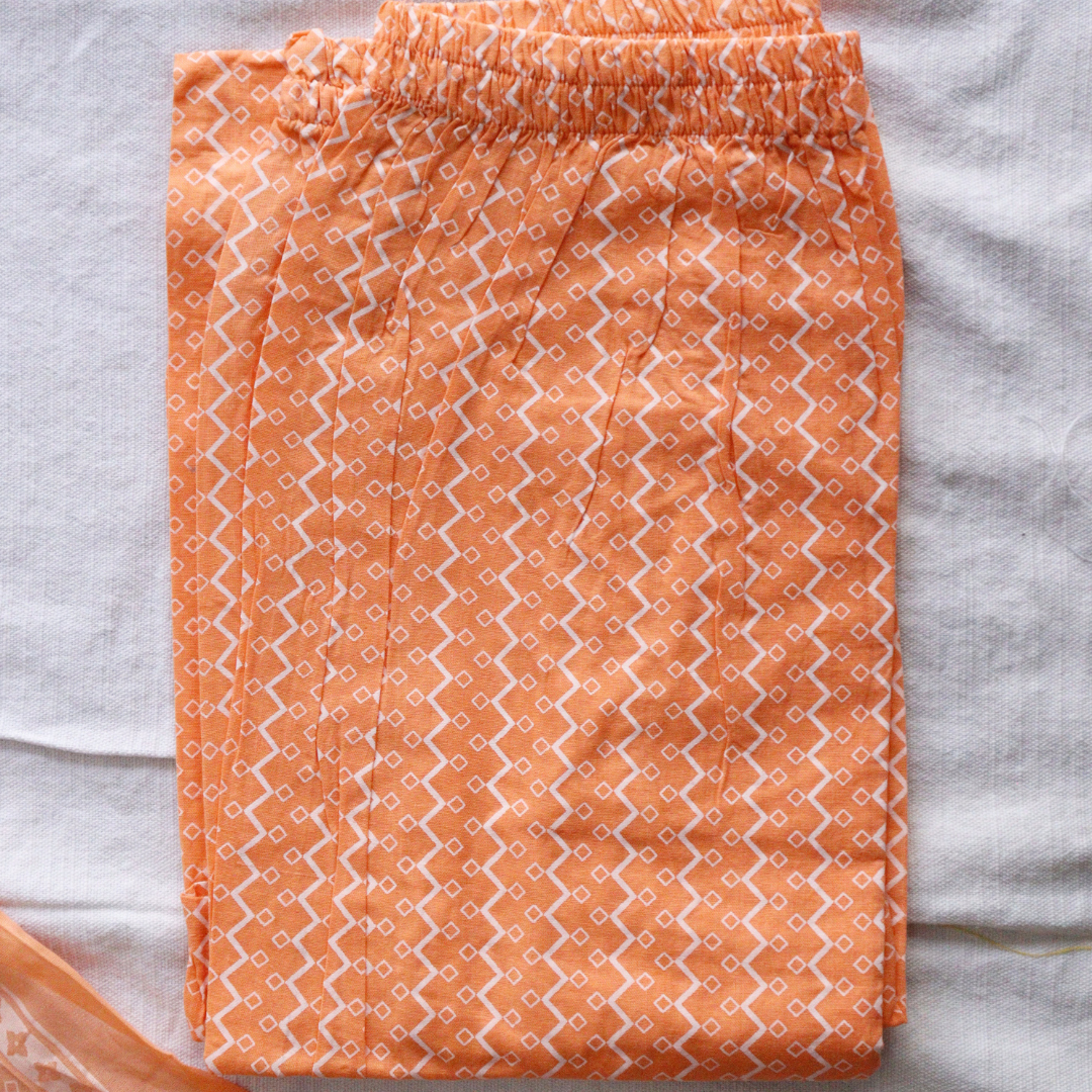 Orange Cotton Printed Suit Set
