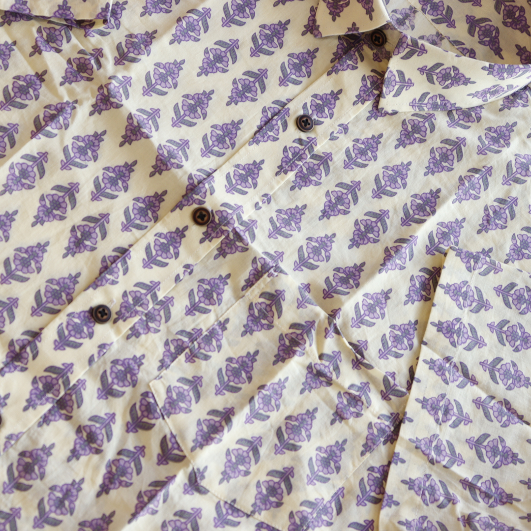 Purple Printed Short Sleeve Cotton Shirt
