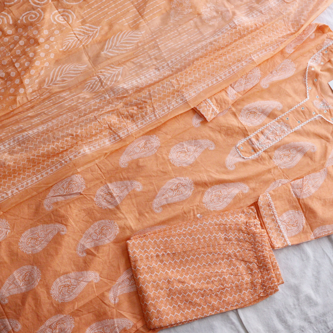 Orange Cotton Printed Suit Set