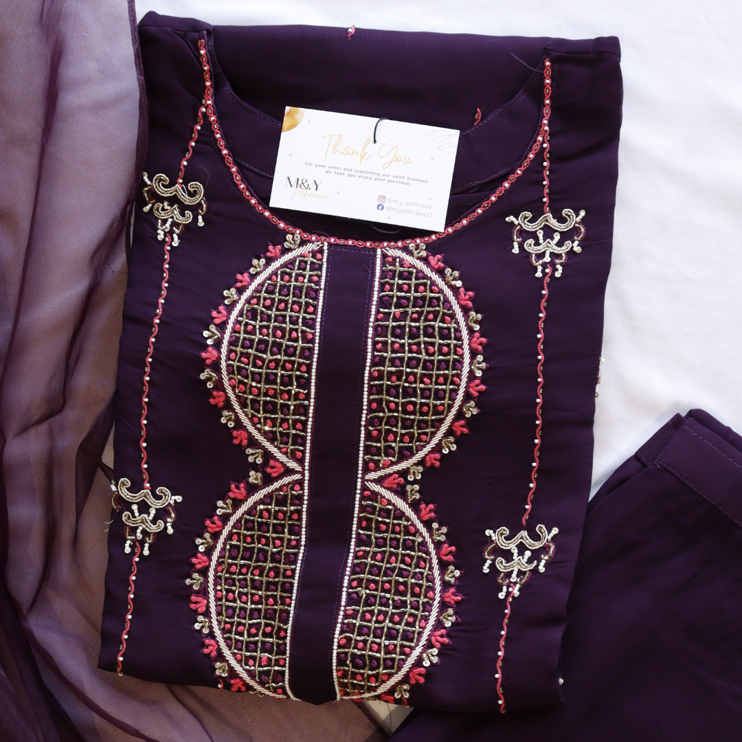 Wine Beads Work Sharara Suit Set
