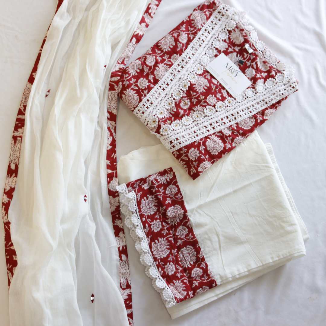 Red White Pakistani Cotton Suit Set - M&Y Pehnava