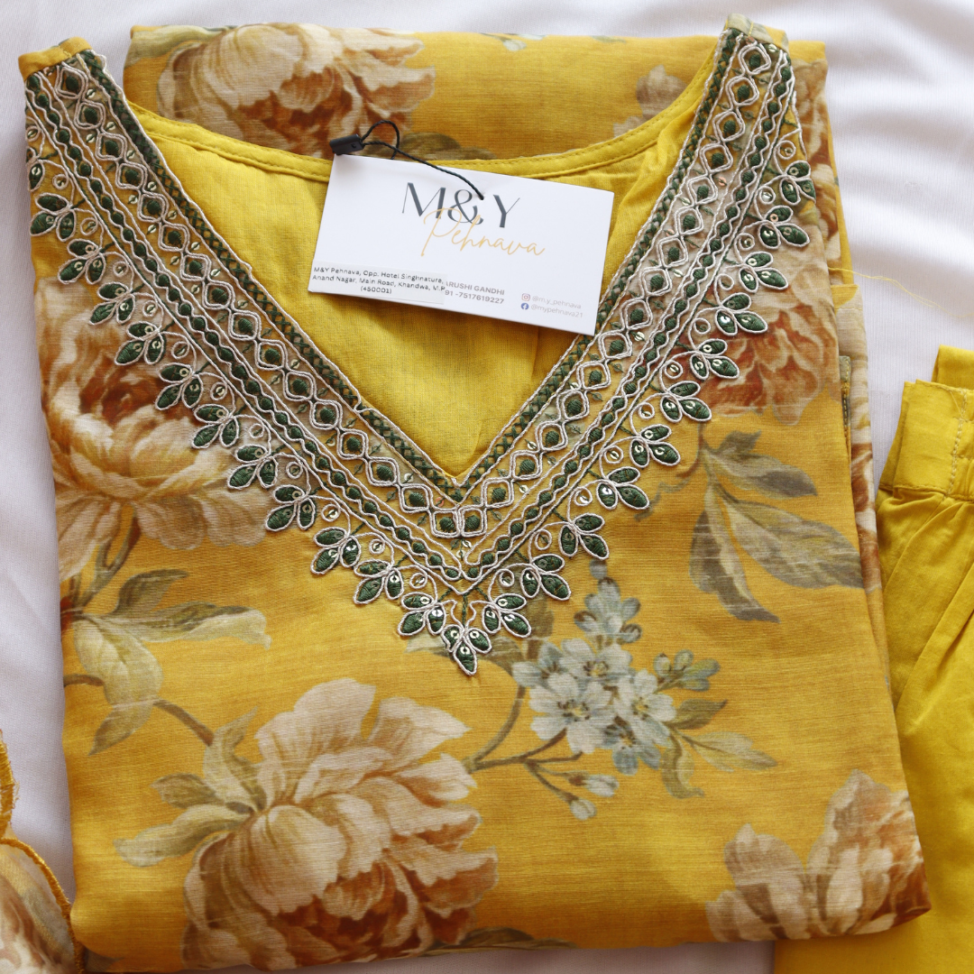 Mustard Organza Floral Printed Suit