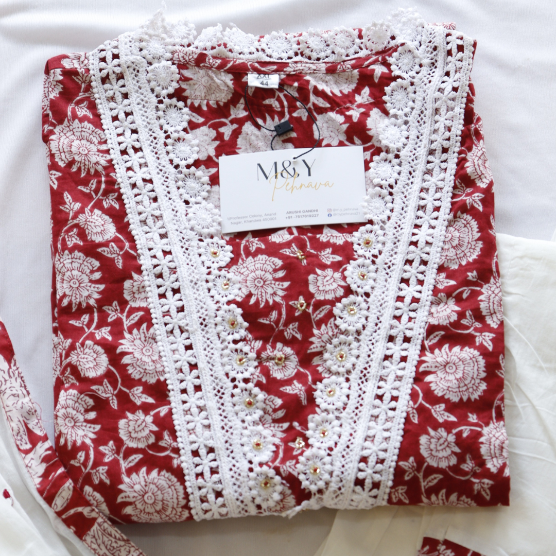 Red White Pakistani Cotton Suit Set - M&Y Pehnava