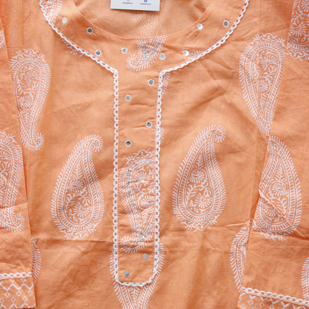Orange Cotton Printed Suit Set