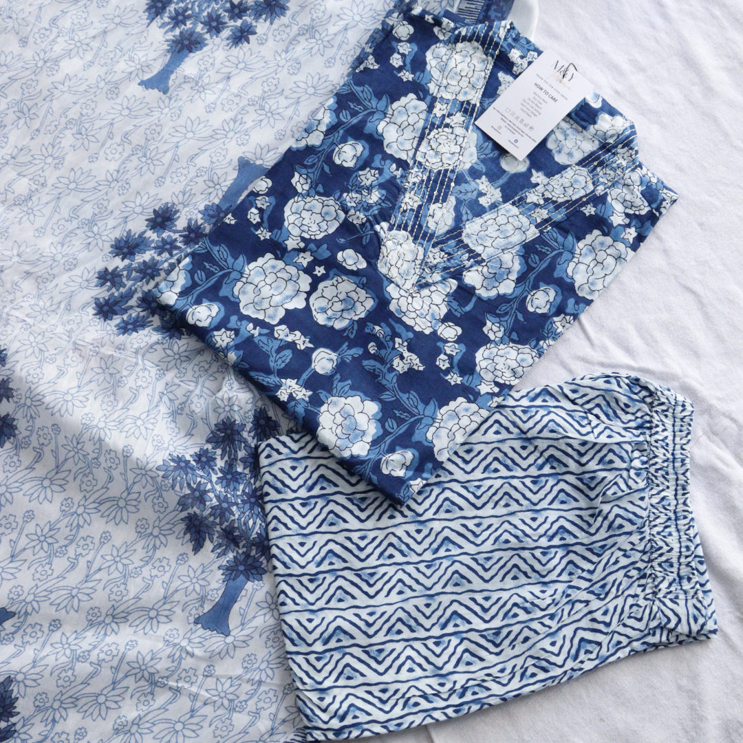 Dark Blue V-Neck Cotton Suit Set