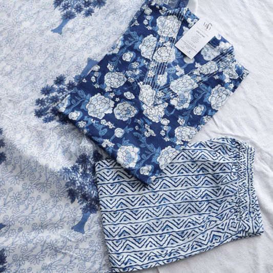 Dark Blue V-Neck Cotton Suit Set