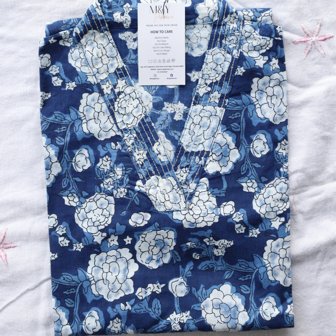 Dark Blue V-Neck Cotton Suit Set