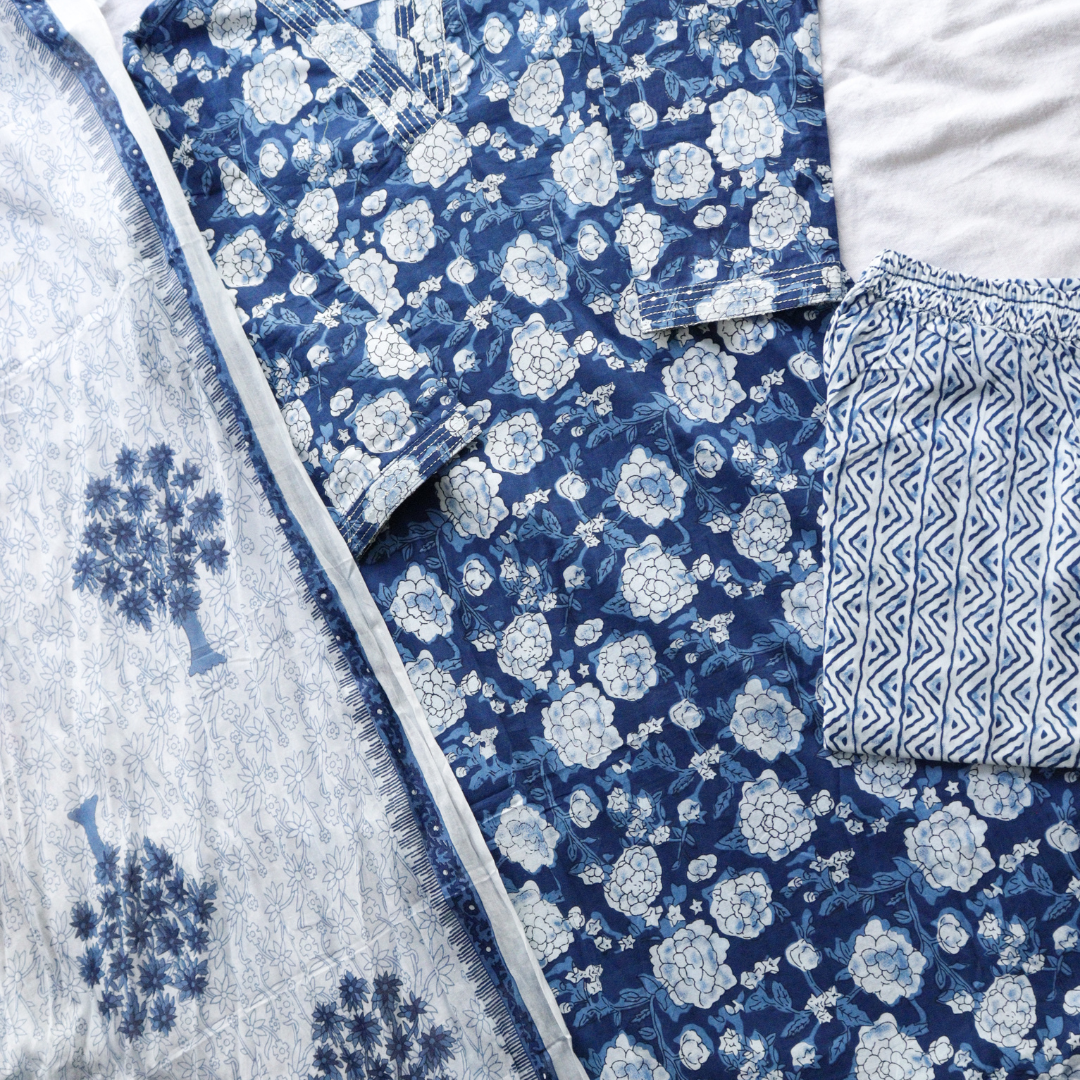 Dark Blue V-Neck Cotton Suit Set