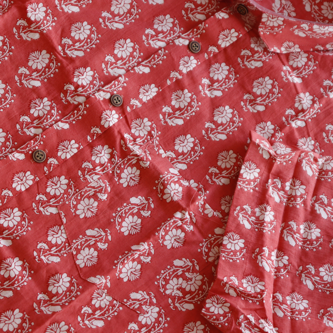 Red Printed Short Sleeve Cotton Shirt