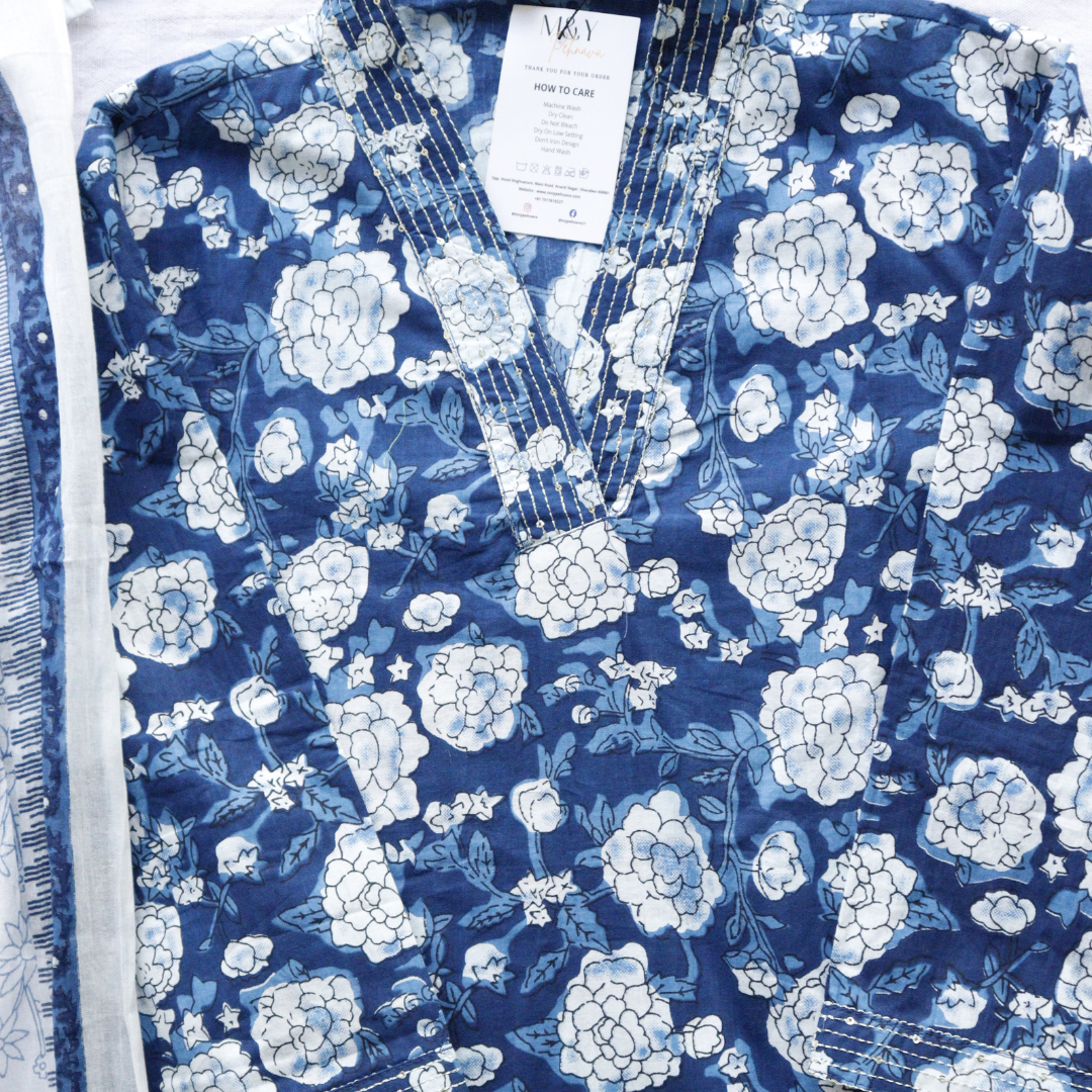 Dark Blue V-Neck Cotton Suit Set