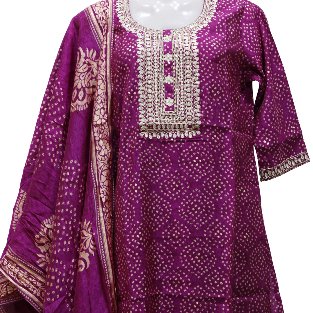 Purple traditional outfit with intricate patterns on a white background. Bandhej Print Purple Suit Set - Buy Online | M&Y Pehnava