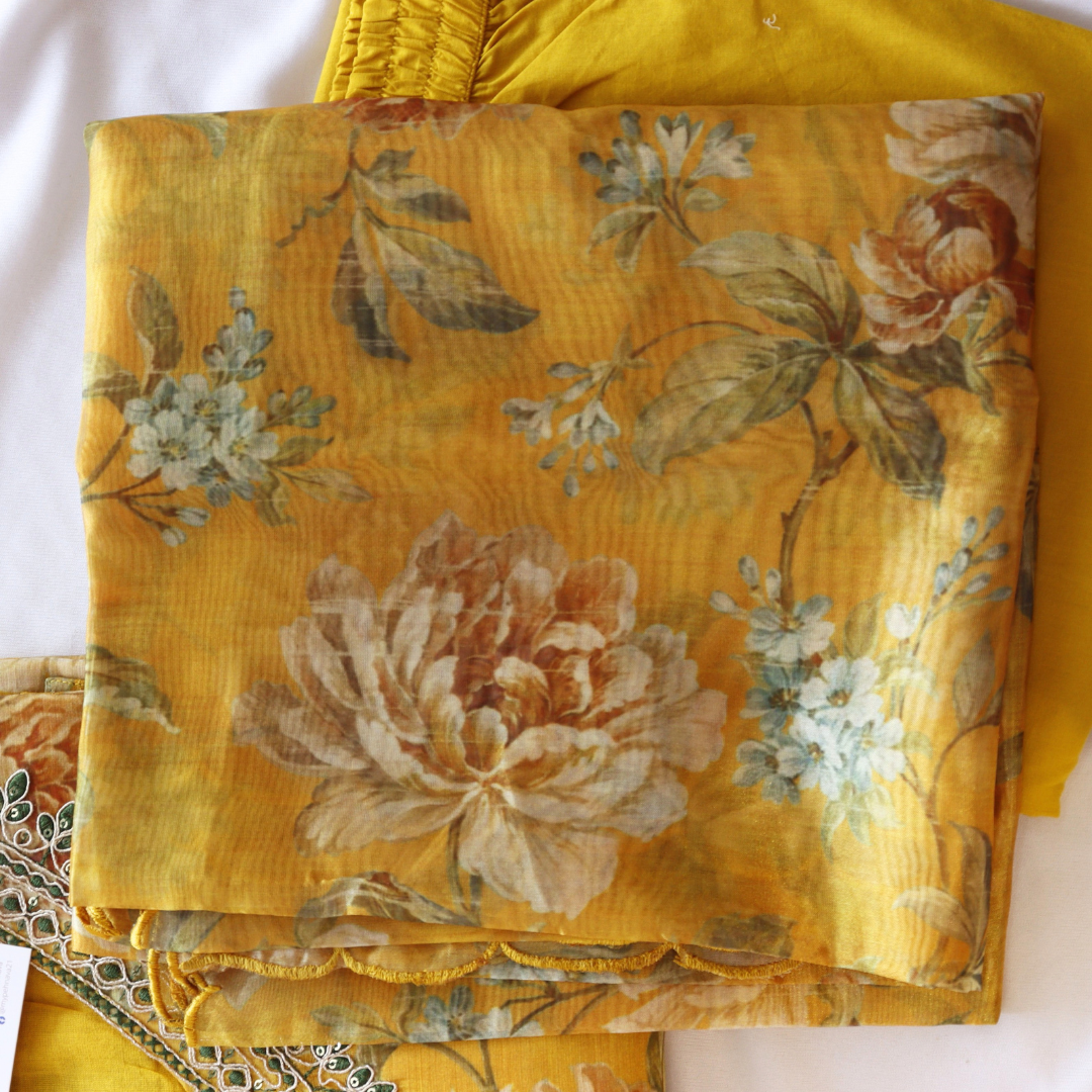 Mustard Organza Floral Printed Suit