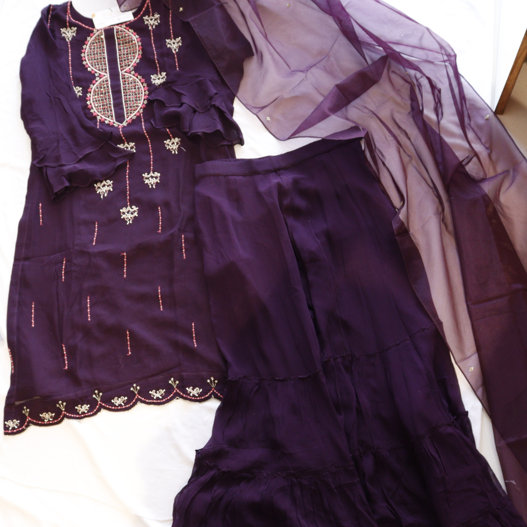 Wine Beads Work Sharara Suit Set