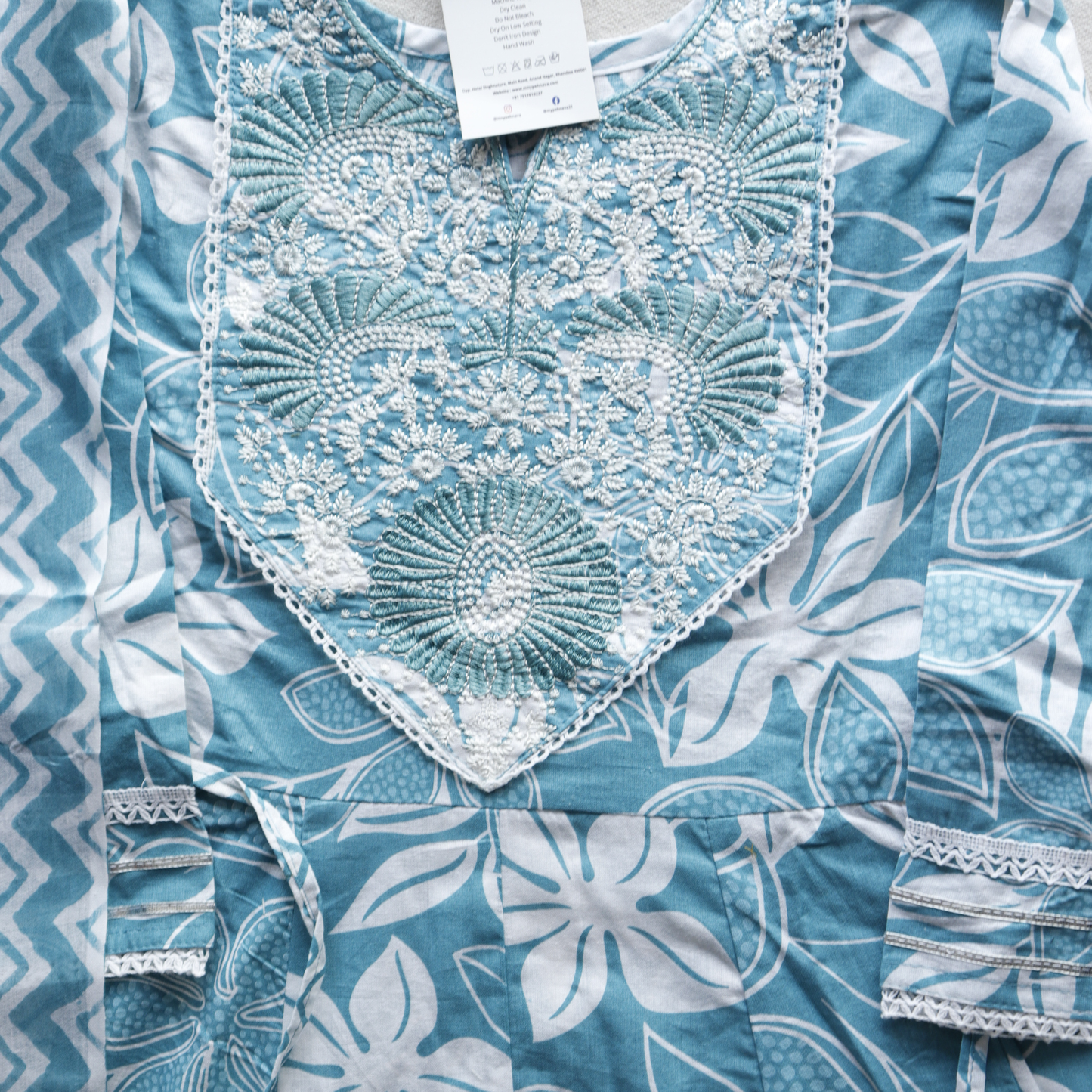 Sea Green Thread Work Cotton Frock Suit Set