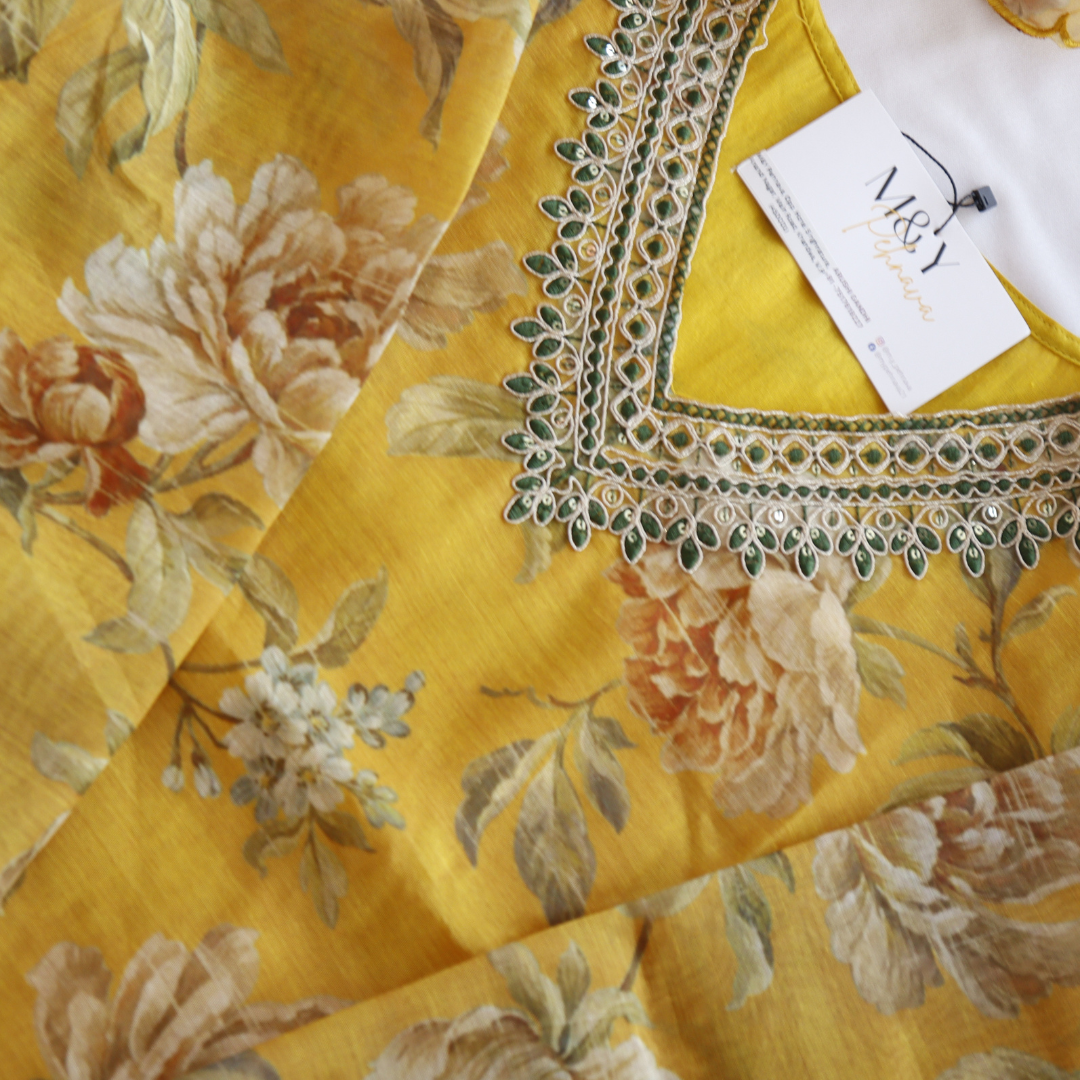 Mustard Organza Floral Printed Suit